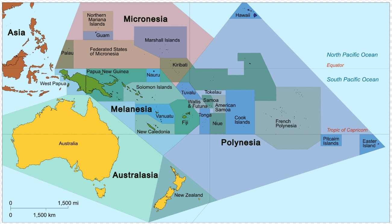 Oceania with its sovereign states and dependent territories